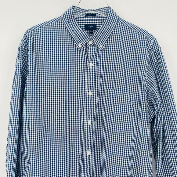 J. Crew Size XL Navy Blue White Gingham Plaid Slim Washed Button Down Shirt - Picture 2 of 6